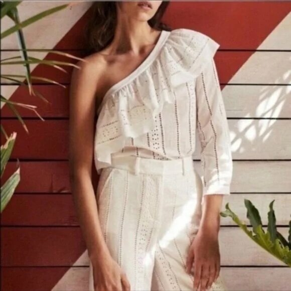 Veronica Beard Cruz Eyelet One Shoulder Top Ivory White Size 4 EUC - Picture 1 of 14